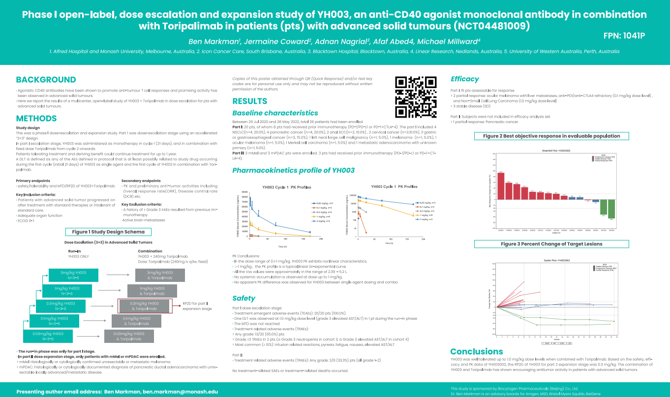 ESMO2023: Phase I open-label, dose escalation and expansion study of YH003, an anti-CD40 agonist monoclonal antibody in combination with Toripalimab in patients (pts) with advanced solid tumours
