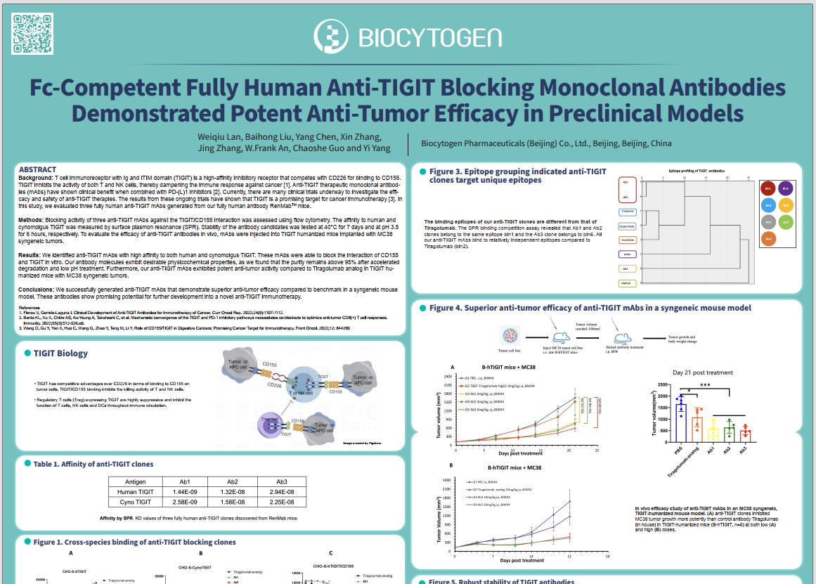 SITC 2023: Fc-Competent Fully Human Anti-TIGIT Blocking Monoclonal Antibodies Demonstrated Potent Anti-Tumor Efficacy in Preclinical Models