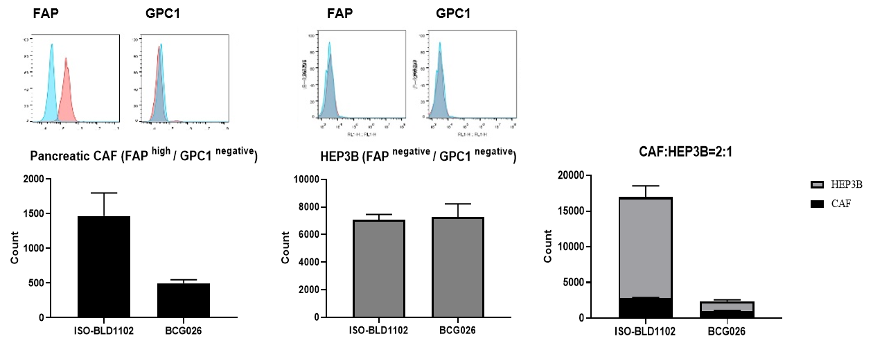 Bar graphs showing BCG026-mediated killing of FAP-positive CAFs and CAF-mediated bystander killing of FAP/GPC1-negative HEP3B tumor cells.