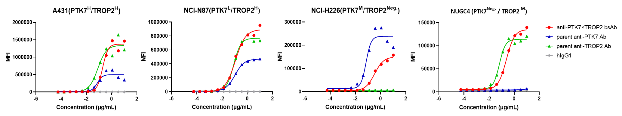 Binding curves showing BCG033 recognition of A431, NCI-N87, NCI-H226, and NUGC4 tumor cells with different PTK7 and TROP2 expression profiles.