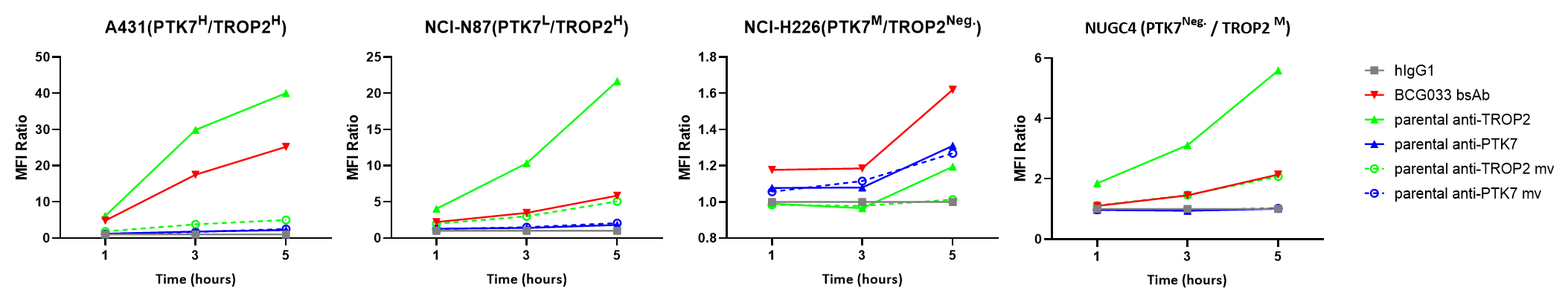 Internalization curves comparing BCG033 with parental antibody formats in A431, NCI-N87, NCI-H226, and NUGC4 tumor cells with different PTK7 and TROP2 expression levels.