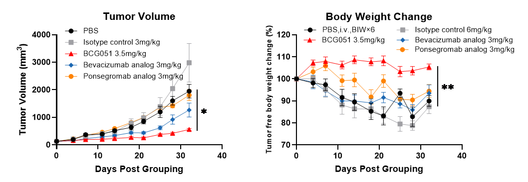 Tumor growth and body weight curves showing antitumor efficacy and body weight preservation with the BCG051 GDF15 x VEGFA bispecific antibody in the MKN45 gastric cancer CDX model.