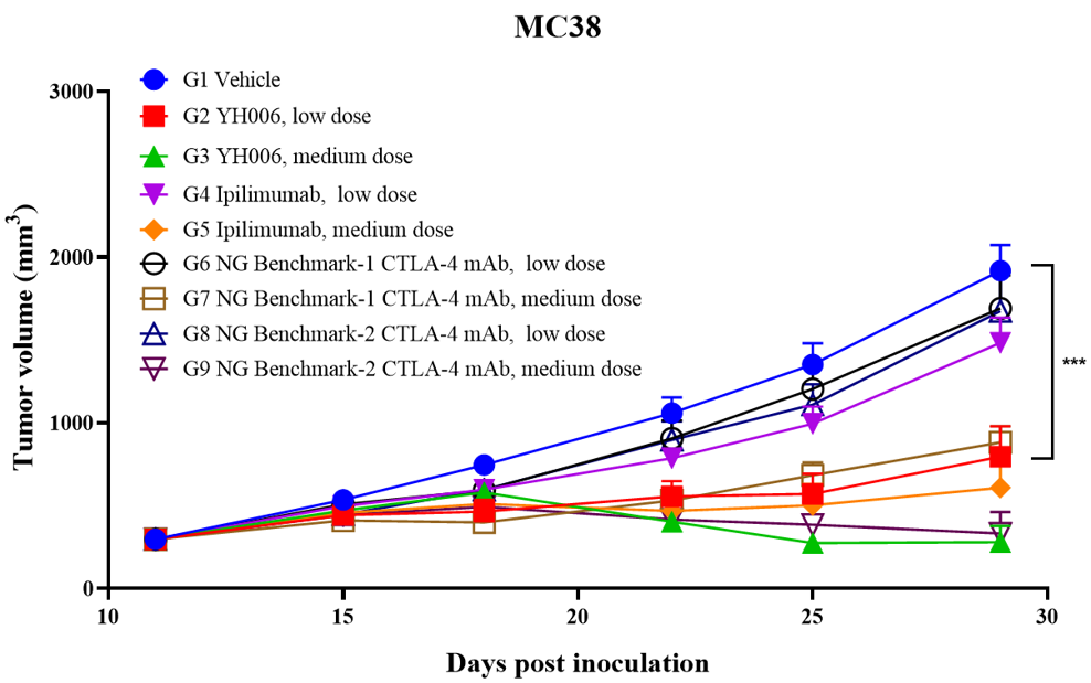 MC38 tumor growth curves showing stronger low-dose antitumor efficacy of YH006 than ipilimumab and next-generation CTLA-4 benchmark antibodies in CTLA-4/OX40 humanized mice.