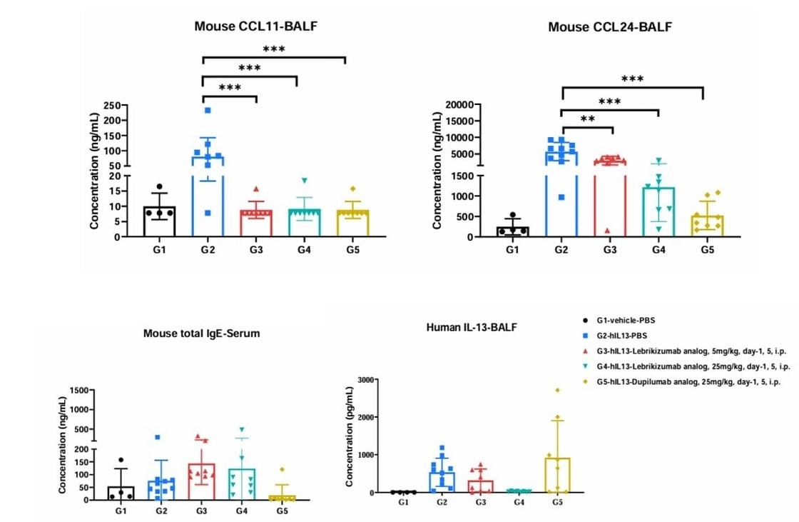 Cytokine and IgE analysis in humanized asthma model using B-hIL4/hIL4R/hIL13/hIL13RA1 mice 