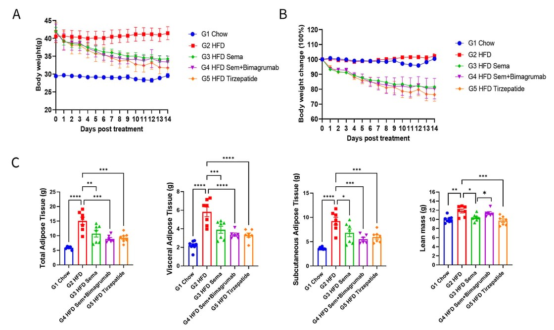 Effect of GLP1R Agonist and ActRII Antibody on Fat and Lean Mass