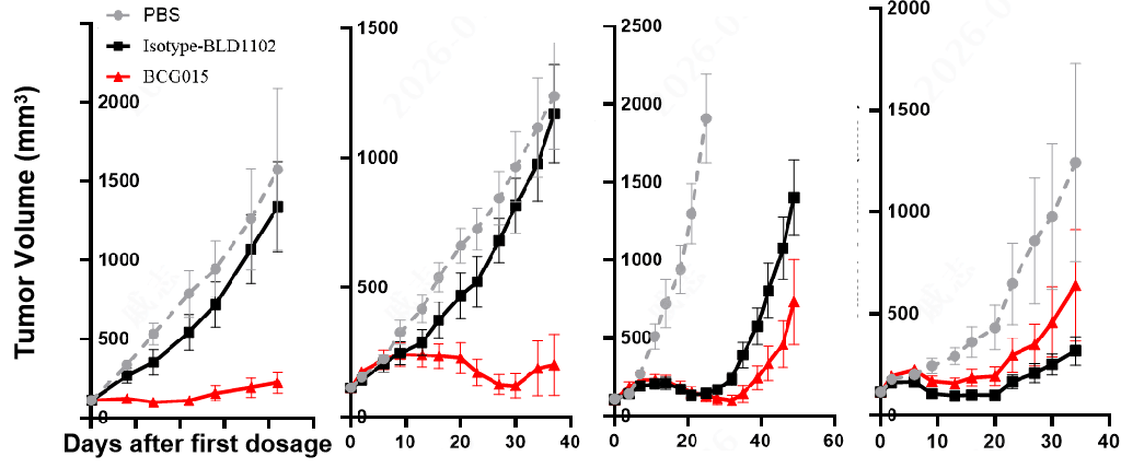 Representative HCC PDX tumor growth curves and TM4SF5 IHC summary showing translational efficacy of BCG015 in HCC PDX models.
