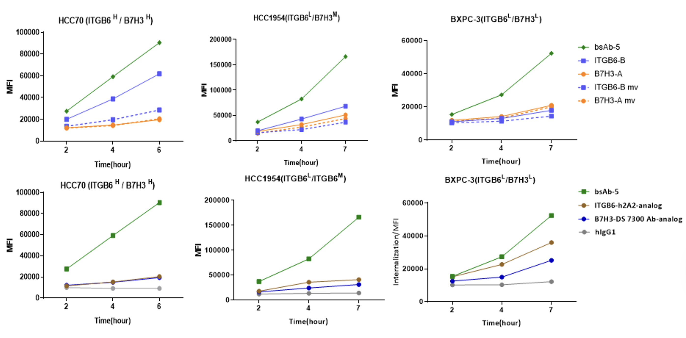 Kinetic curves displaying the time-dependent internalization of BCG048 bispecific antibody clone 5 versus single-target controls across HCC70, HCC1954, and BxPC-3 tumor cell lines.